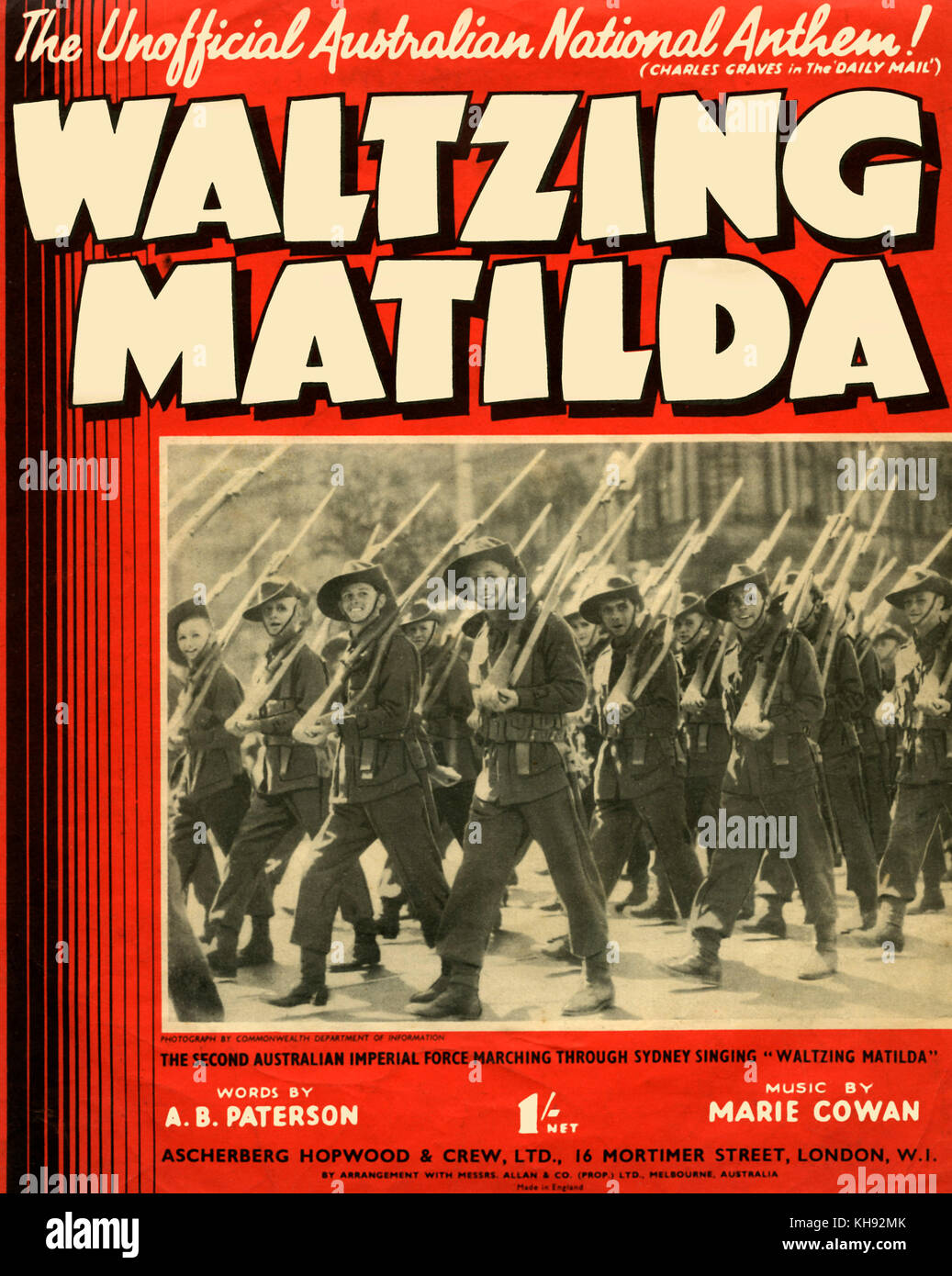 Waltzing Matilda - score cover, 1940.  Song with music by Marie Cowan and A.B.Paterson.  Australian folk song known as the 'unofficial Australian national anthem'.  Shown on cover: Second Australian Imperial Force marching through Sydney. During World War 2. Stock Photo