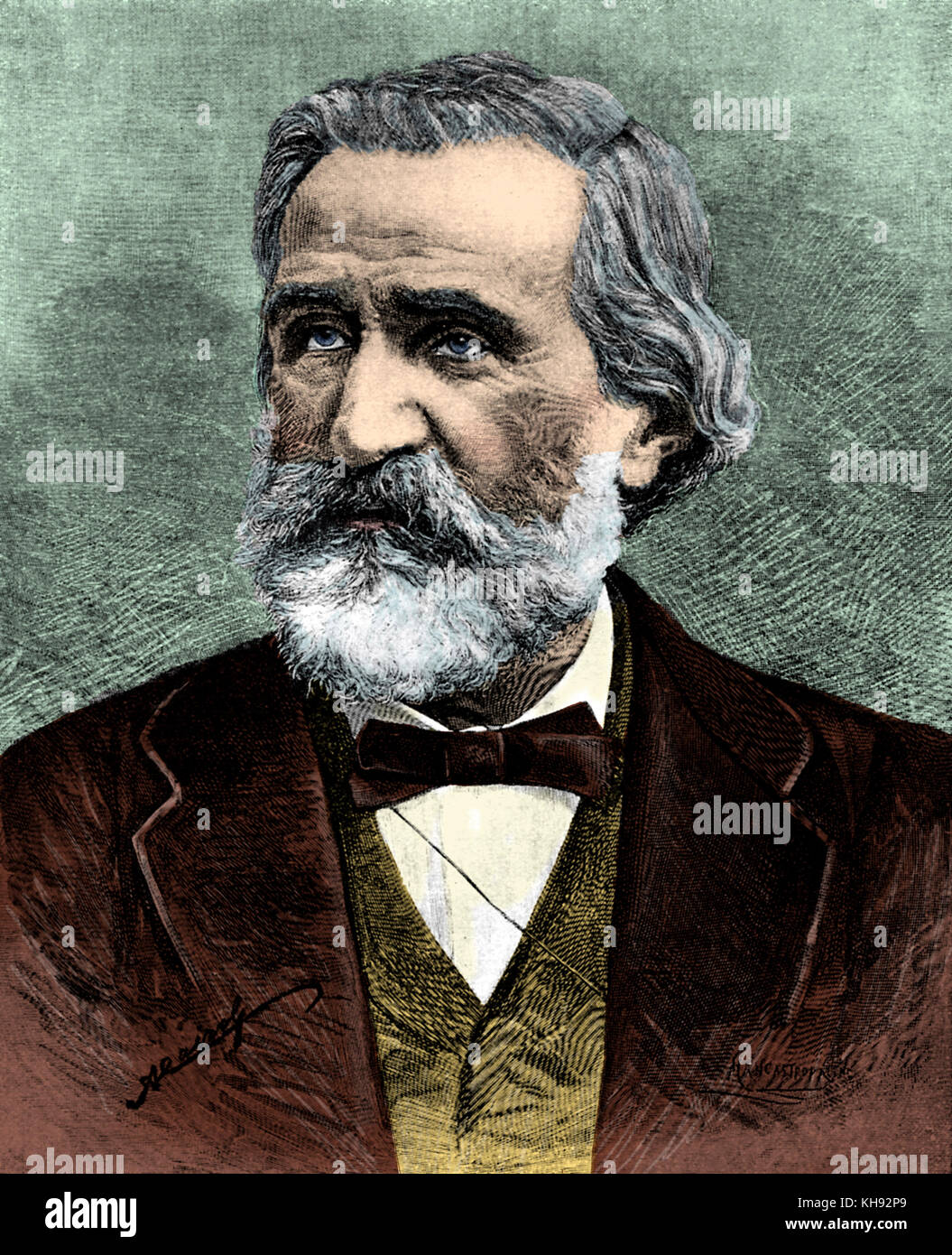 Portrait of Giuseppe Verdi  - Italian composer,  9 or 10 October 1813 - 27 January 1901. Drawing by A Cairoli after an engraving by Mancastropa. Stock Photo