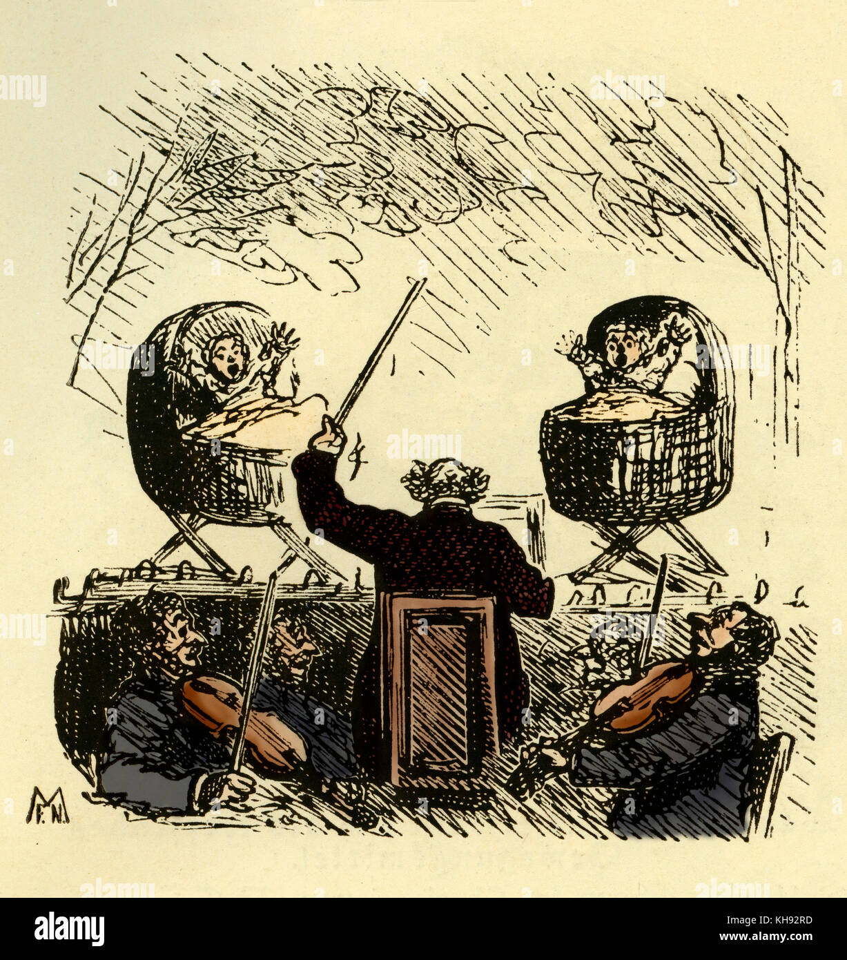 Richard Wagner 's Tannhäuser - caricature by Amédée de Noé (known as Cham). Caption: 'At nursing stations Mr. Roner has found  the the future singers for performances of Tannhäuser'. RW: German composer & author, 22 May 1813 - 13 February 1883. Stock Photo