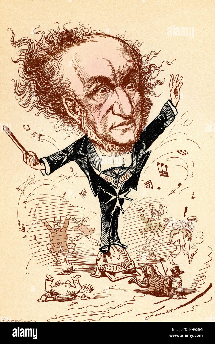 Richard Wagner -  portrait' by Faustin. Wagner is conducting on a Prussian military helmet. Published Figaro, London, 20 September 1876. Allusion to Franco  - Prussian War? Stock Photo