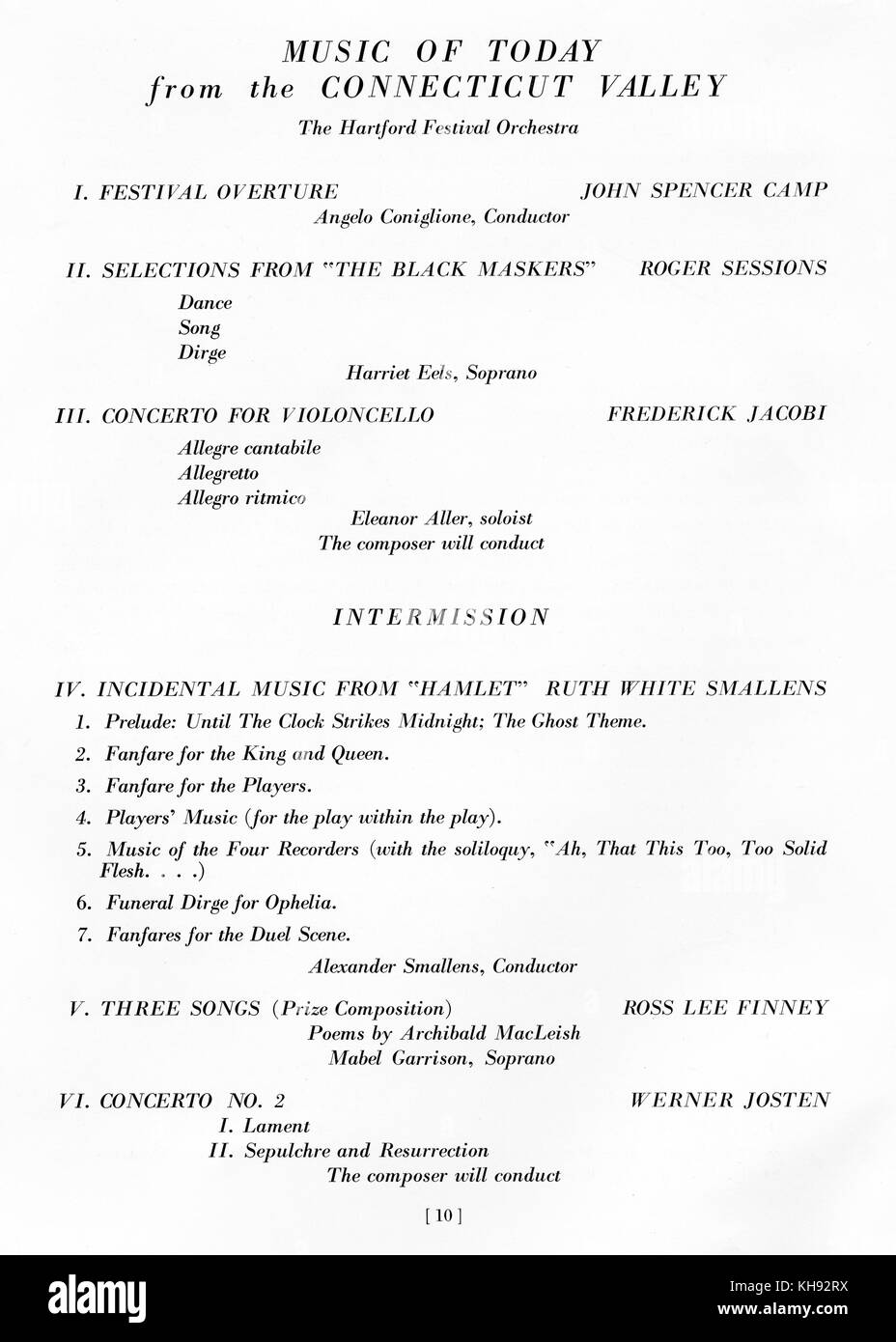 Hartford Festival programme 1936. Programme for first Hartford Festival. Contemporary music festival.Includes Roger Sessions selectins from 'The Black Maskers' and Frederick Jacobi 's 'Concerto for Violoncello'. And Werner Josten 's Concerto no 2 Stock Photo