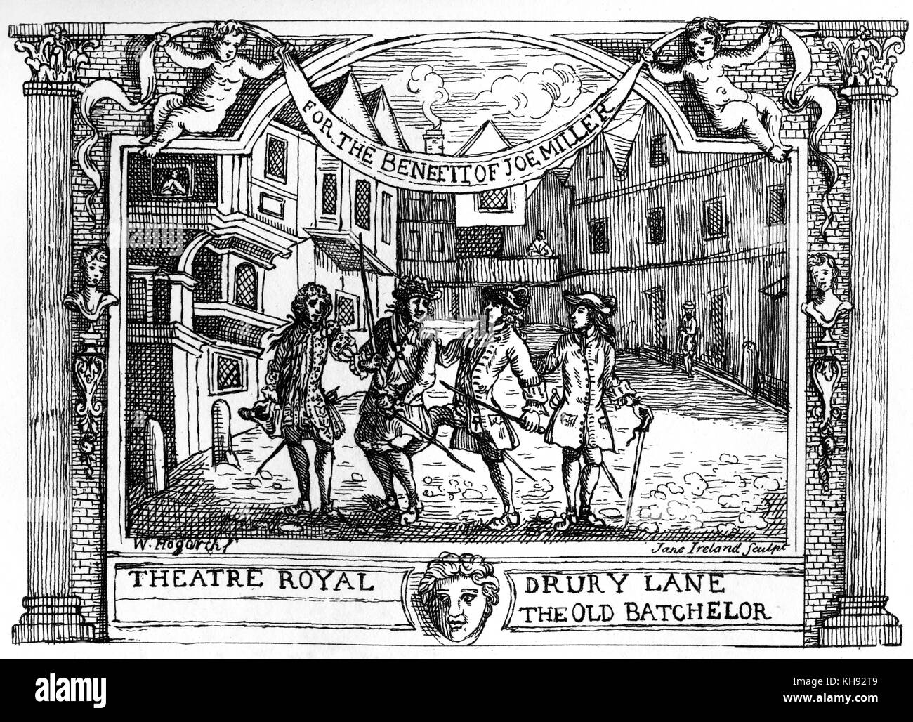 Ticket for The Old Bachelor illustrated by William Hogarth. Play by William Congreve performed at Theatre Royal, Drury Lane, London with Joe Miller, 25 April 1717. Scene shown: Whittol's friend Captain Bluffe is kicked by Sharper, while  his friend Bellmour tries to pull him away. JM: English actor, 1684 – 15 August 1738. Stock Photo