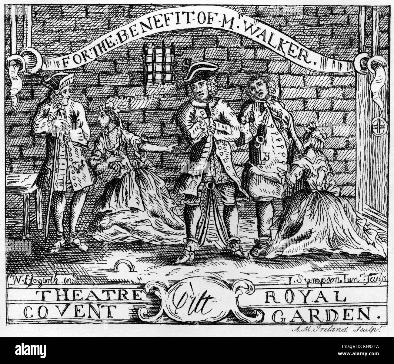 The Beggar 's Opera by John Gay. Ticket design for a benefit performance of Beggar's Opera at Theatre Royal Covent Garden, starring M. Walker.  From engraving by Samuel Ireland after copper engraving by Joseph Sympson the Younger (c.1705-1736)  after a drawing (c.1728-31) by William Hogarth.   Gay: English playwright and poet, 16 September 1685 - 4 December 1732. Stock Photo