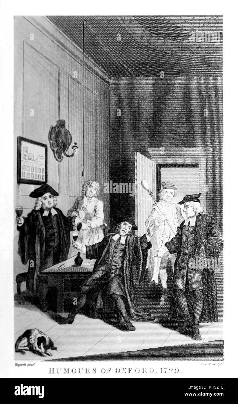 Humours of Oxford - frontispiece by William Hogarth, 1729. Comedy play by James Miller. Peformed at Drury Lane, London. Showing the Vice Chancellor with his beadle surprising two Fellows of a College, one of whom is drunk, at a tavern. Engraved by T. Cook. Stock Photo