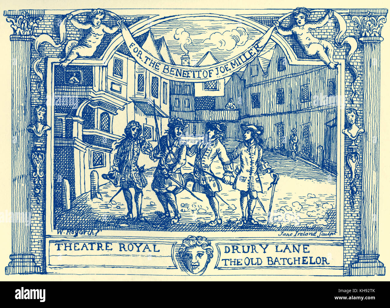 Ticket for The Old Bachelor illustrated by William Hogarth. Play by William Congreve performed at Theatre Royal, Drury Lane, London with Joe Miller, 25 April 1717. Scene shown: Whittol's friend Captain Bluffe is kicked by Sharper, while his friend Bellmour tries to pull him away. JM: English actor, 1684 – 15 August 1738. Stock Photo