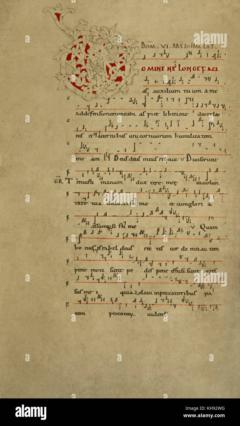 An eleventh century musical codex, containing the earliest example of Pre-Gregorian Chant, written at the monastery of Saint Cecilia by 'John the Priest', 1071. Stock Photo