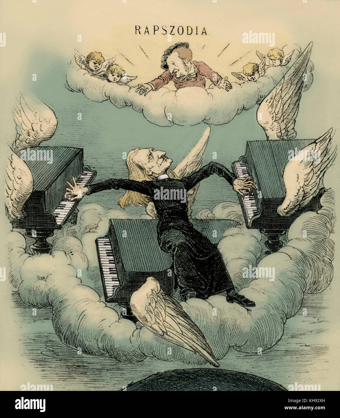 'Rhapsody' - Franz Liszt caricature.  Showing Liszt at piano, with Wagner above encouraging Saint Peter to let him into heaven.'Saint Pierre, ouvrez vite la porte du paradis!'  Published in Borsszem Janko, 8 August 1886.    FL:  Hungarian pianist and composer,  22 October 1811 - 31 July 1886. RW: German composer & author, 22 May 1813 - 13 February 1883. Stock Photo