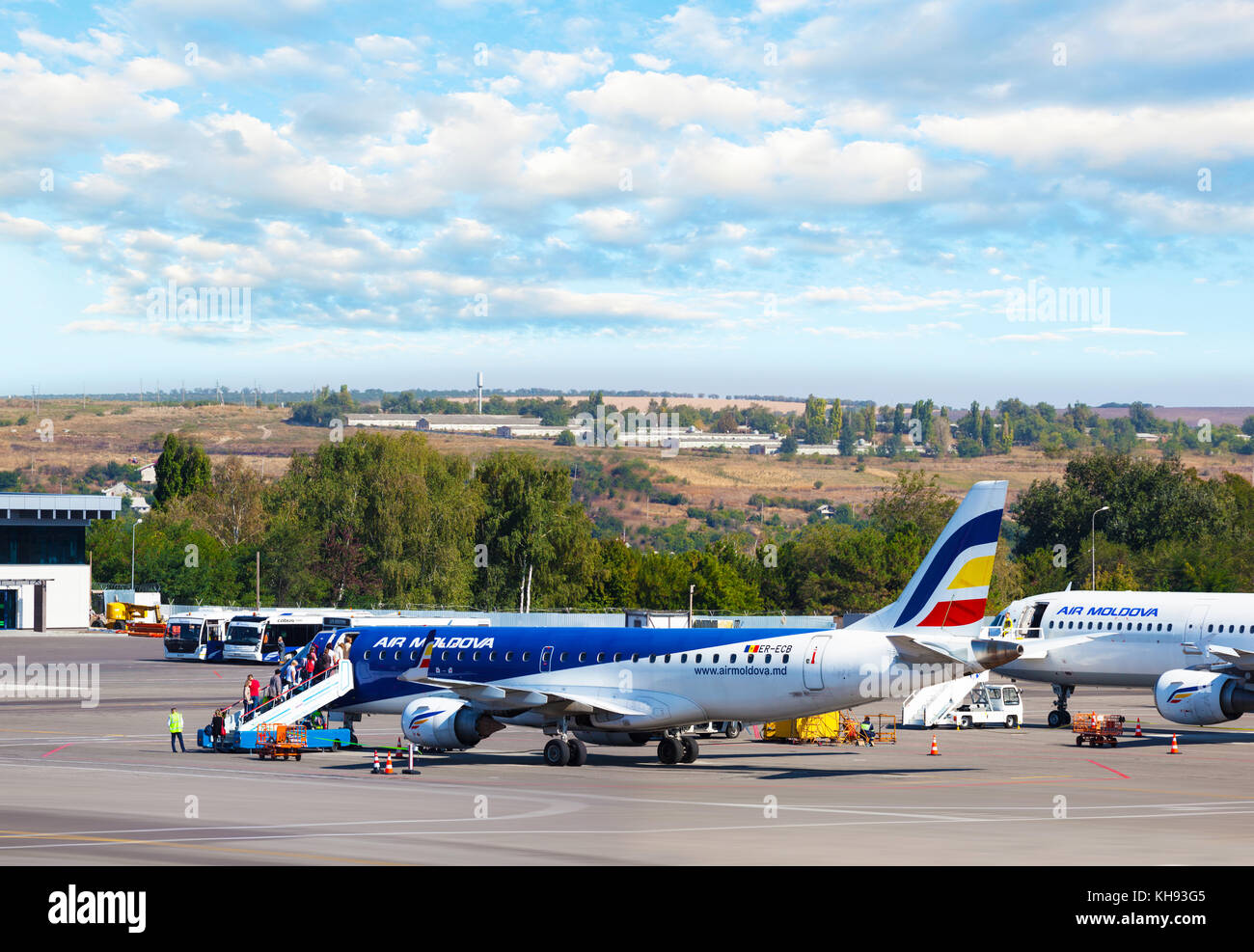 Chisinau, Moldova - November 18, 2016: The Air Moldova aircraft on the runway of the international airport Stock Photo
