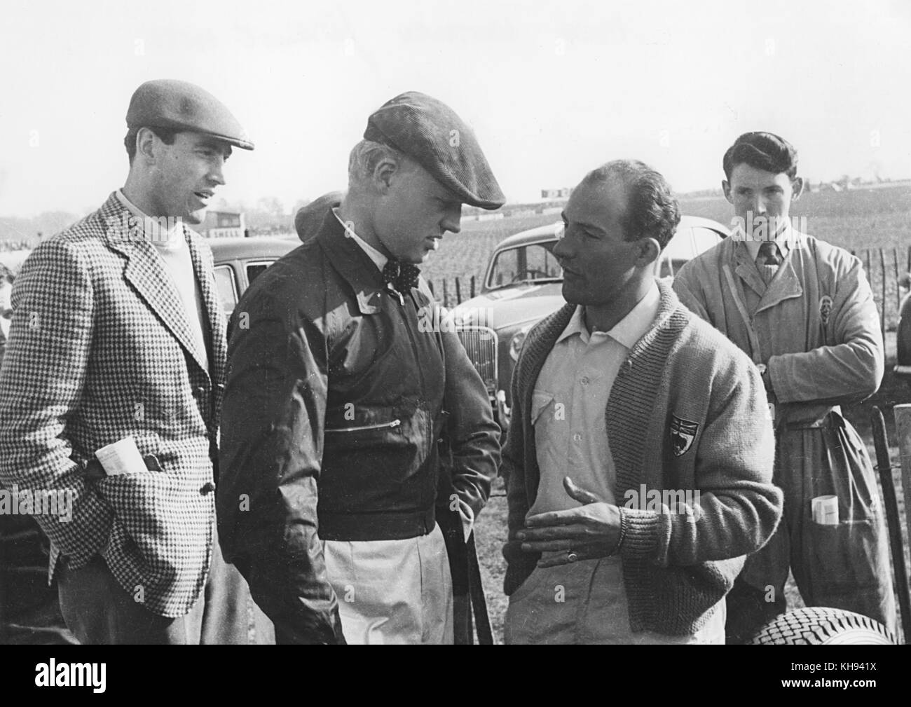 Mike Hawthorn with Stirling Moss at Goodwood, 2nd April 1956 Stock Photo