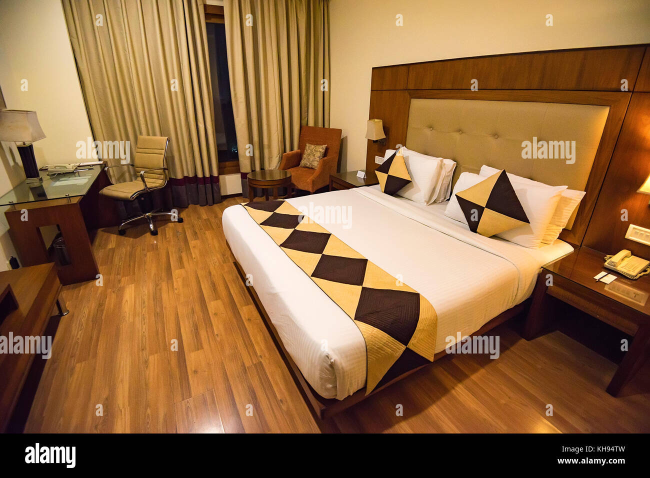 Double bed in a hotel room close up Stock Photo Alamy