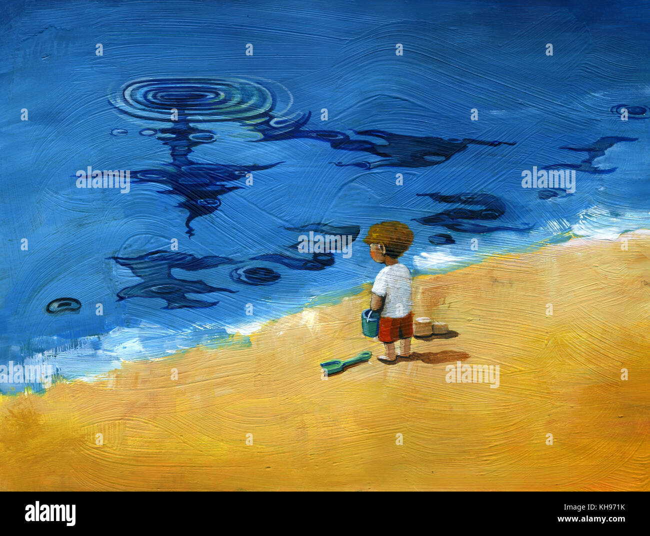 kids loocking the sea see a clock metaphor of time passing surreal painting Stock Photo