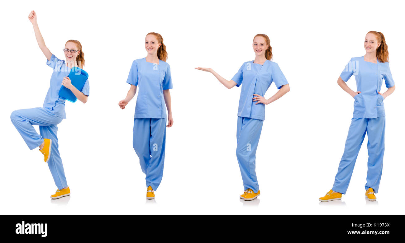 Pretty dancing doctor in blue uniform with documents isolated on white ...