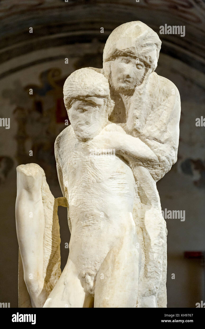 Europe. Italy. Lombardy. Milan. Sforzesco Castle. The Pieta Rondanini unfinished marble sculpture of Michelangelo Buonarroti (1475-1564) height 195cm Stock Photo