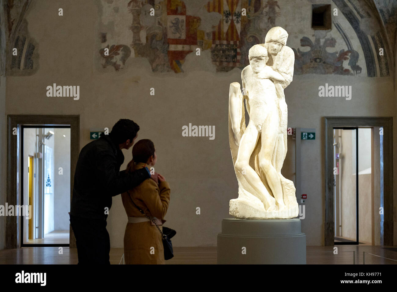 Europe. Italy. Lombardy. Milan. Sforzesco Castle. The Pieta Rondanini unfinished marble sculpture of Michelangelo Buonarroti (1475-1564) height 195cm Stock Photo