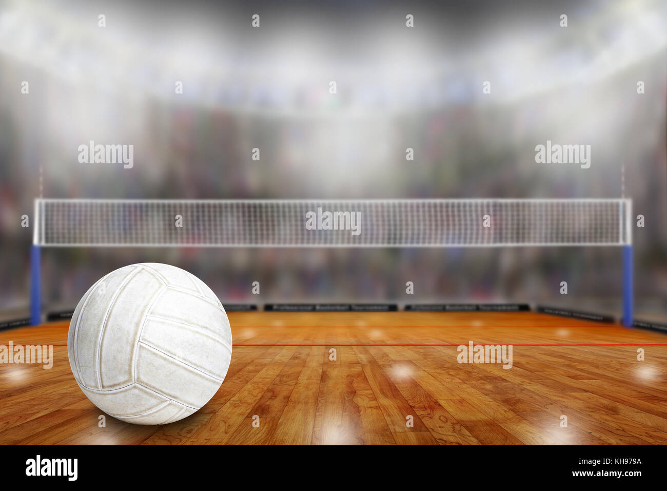 Low angle view of fictitious volleyball arena with sports fans in the stands and copy space. Focus on foreground with deliberate shallow depth of fiel Stock Photo
