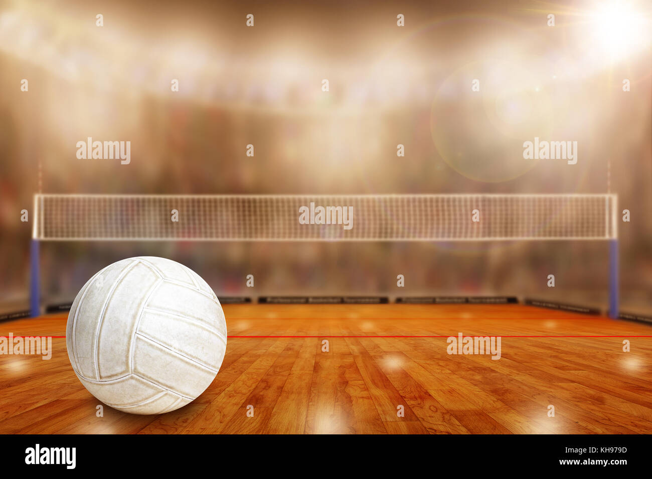 Low angle view of fictitious volleyball arena with sports fans in the stands and copy space. Focus on foreground with deliberate shallow depth of fiel Stock Photo