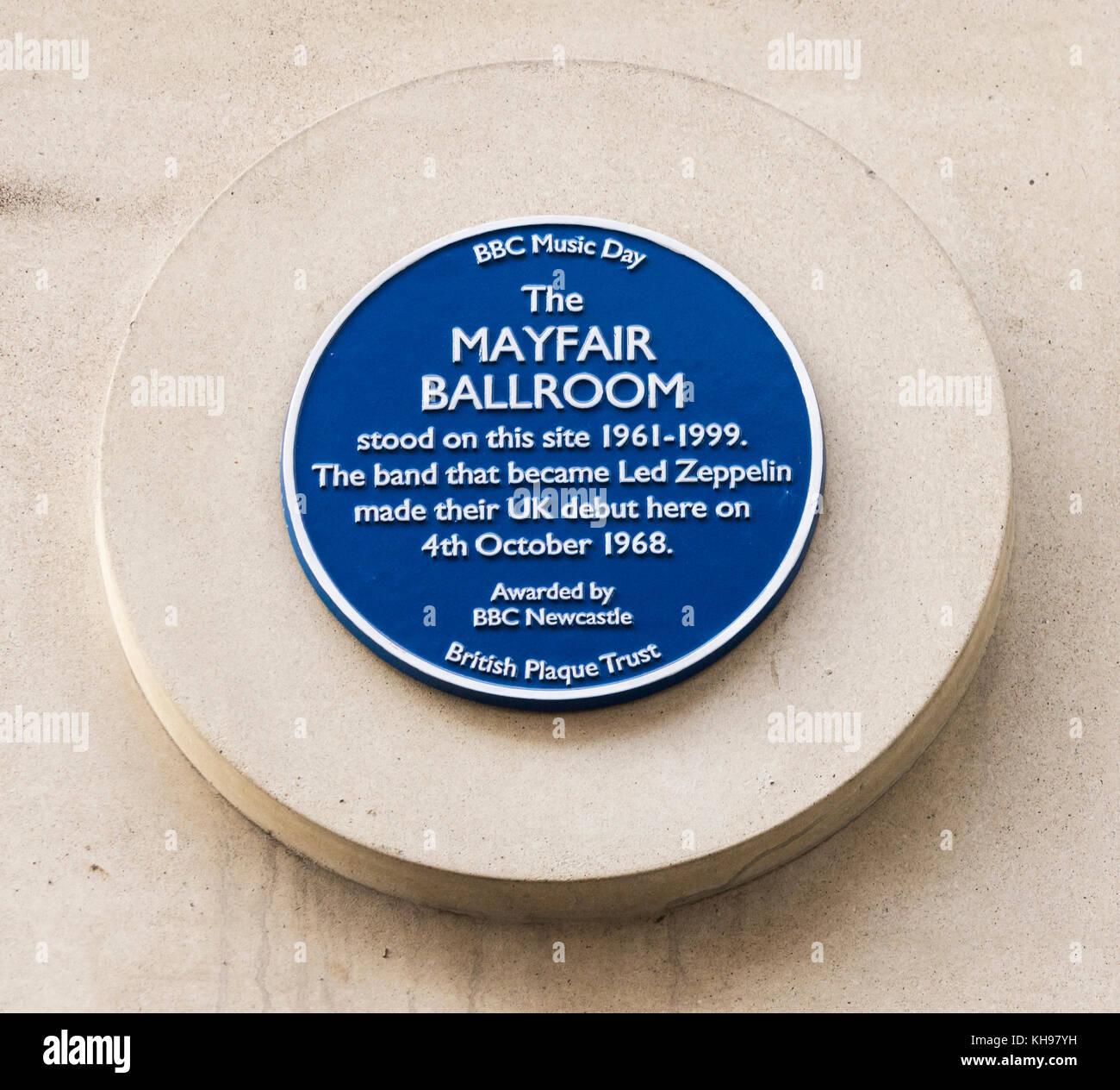 Led Zeppelin/Mayfair Ballroom blue plaque. Newcastle upon Tyne, England. UK Stock Photo
