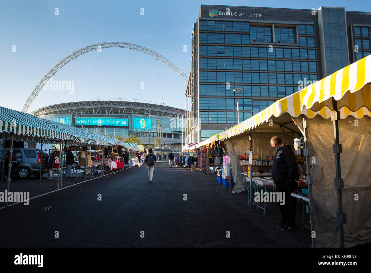 Wembley Market reopens in a new site in front of Wembley Stadium Stock