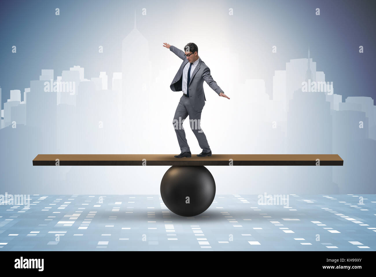 Businessman trying to balance on ball and seesaw Stock Photo - Alamy
