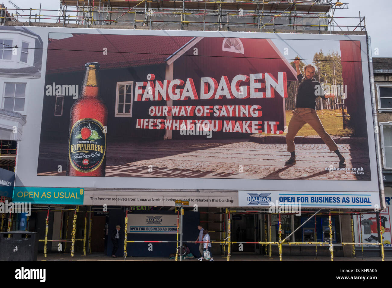 Advertising Billboard For Kopparberg Cider Covering Construction Scaffolding On A Building In Princes Street Edinburgh Scotland Billboard Stock Photo