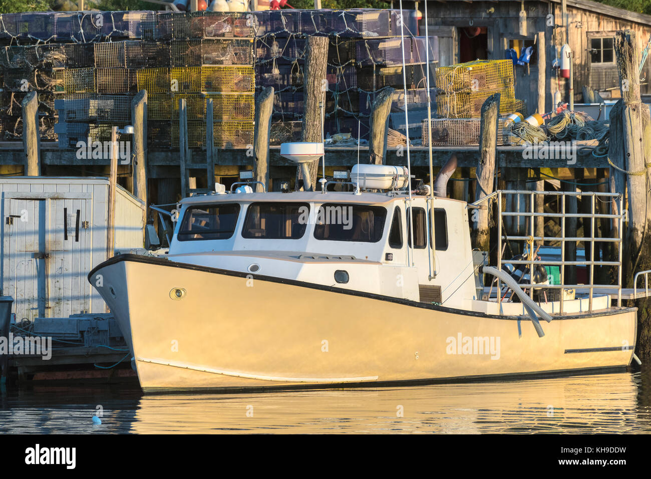 Lobster boat docked in early autumn in South Bristol, Maine, United