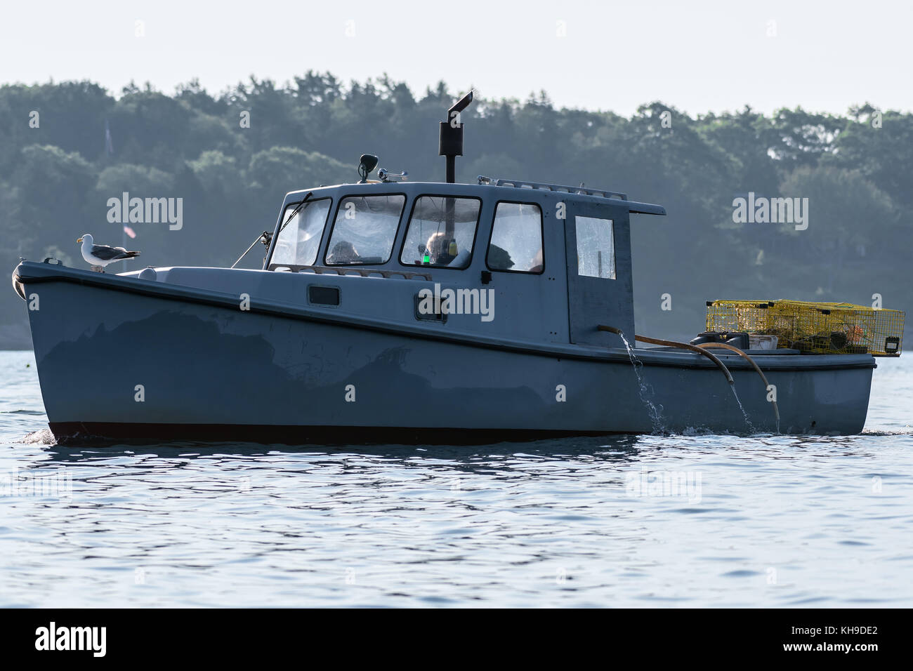 Lobster men hard at work on a beautiful morning in early autumn in South Bristol, Maine, United States Stock Photo