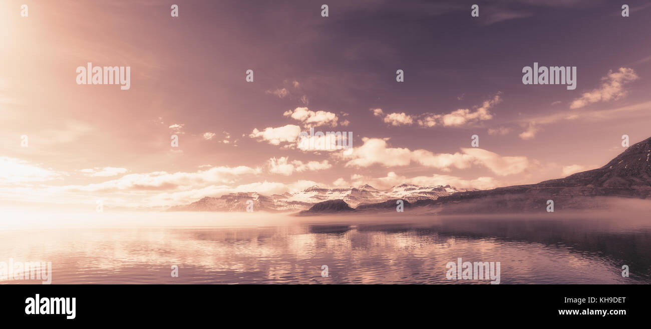 Ethereal Panoramic of Beautiful Morning in Iceland Stock Photo