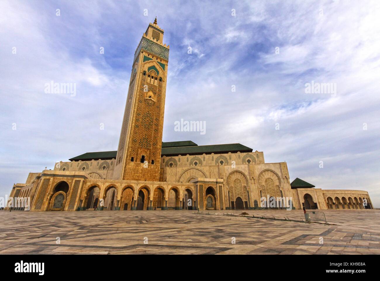 The Courtyard of Hassan 2 Mosque in Casablanca, the largest in Morocco.  Its Minaret is the world Tallest at 210 meters. Stock Photo
