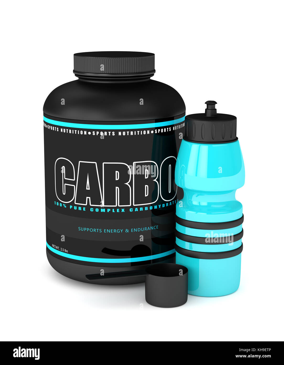 3d render of carbo powder jar with spoon and shaker isolated over white