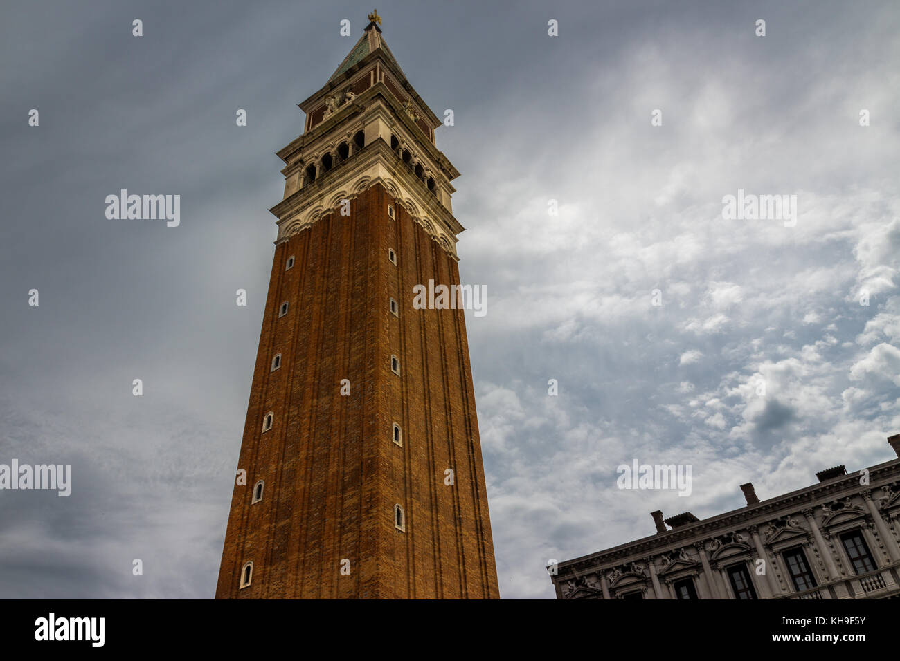 Cloudy day on the famous St Mark's Campanile tower in Venice , Venezia, Italy. Stock Photo