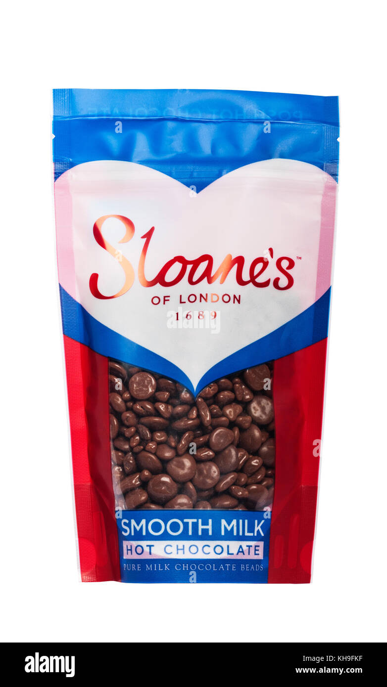 A packet of pure milk chocolate beads for making hot chocolate by Sloane's of London  on a white background Stock Photo