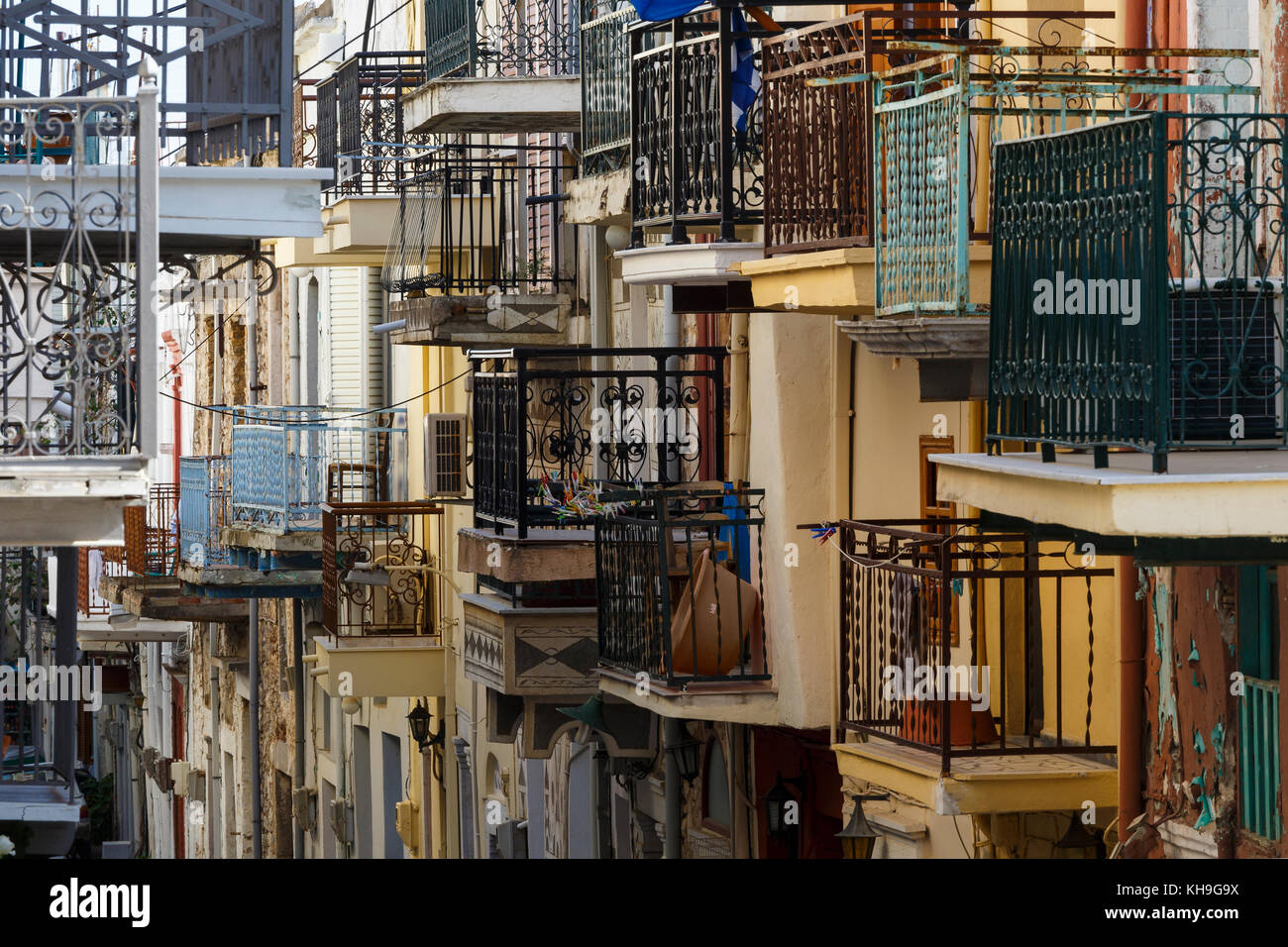 Balconies on the facades of houses in Pyrgi village on Chios island, Greece. Stock Photo