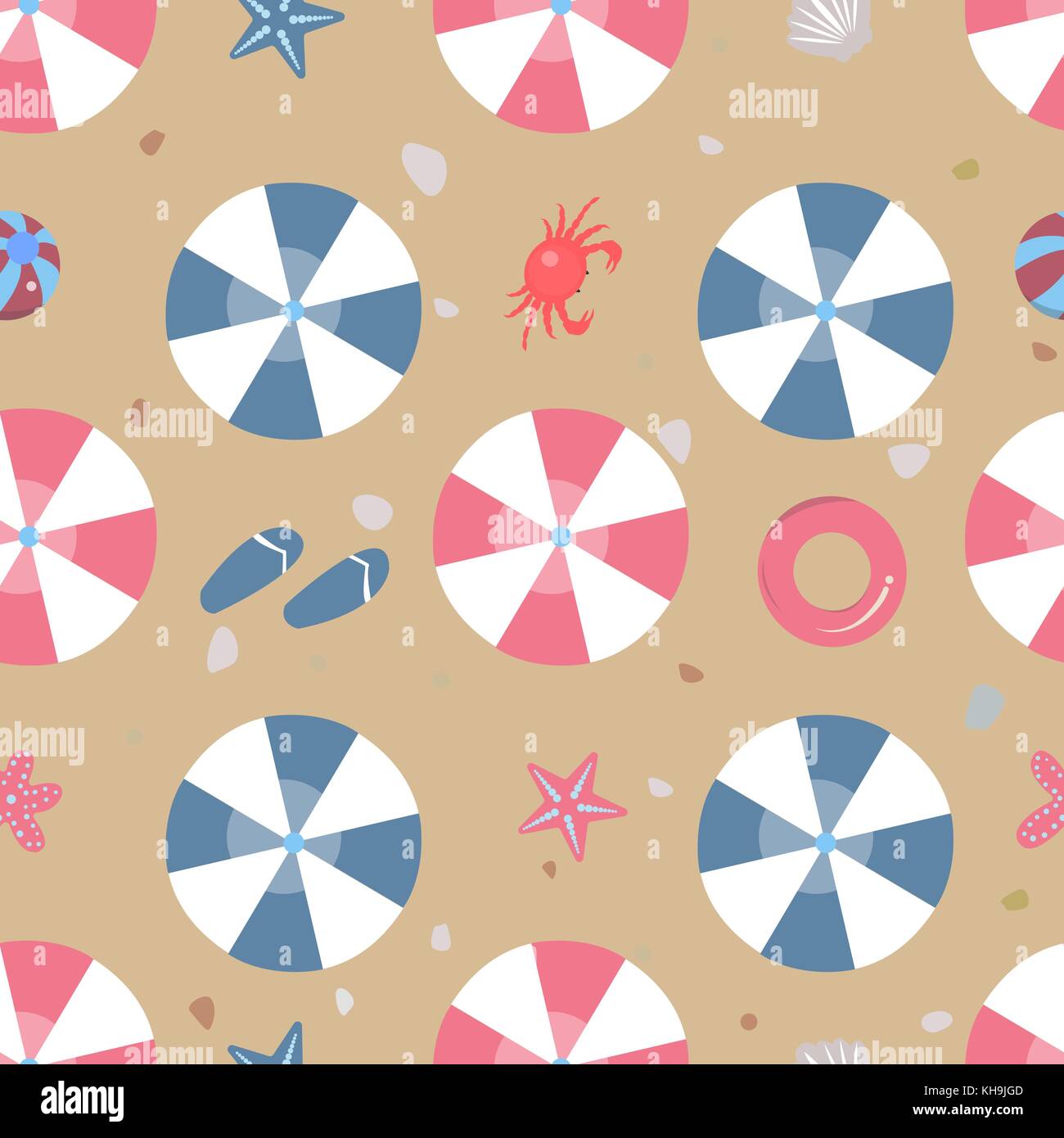 Summer Seamless Pattern. Beach with umbrellas and other summer elements ...