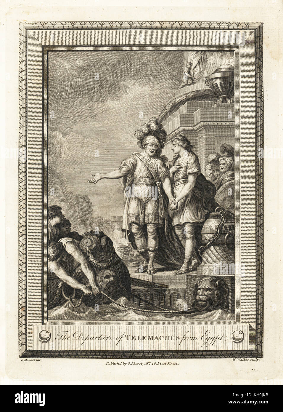 The departure of Telemachus from Egypt. Copperplate engraving by W. Walker after an illustration by C. Monnet from The Copper Plate Magazine or Monthly Treasure, G. Kearsley, London, 1778. Stock Photo