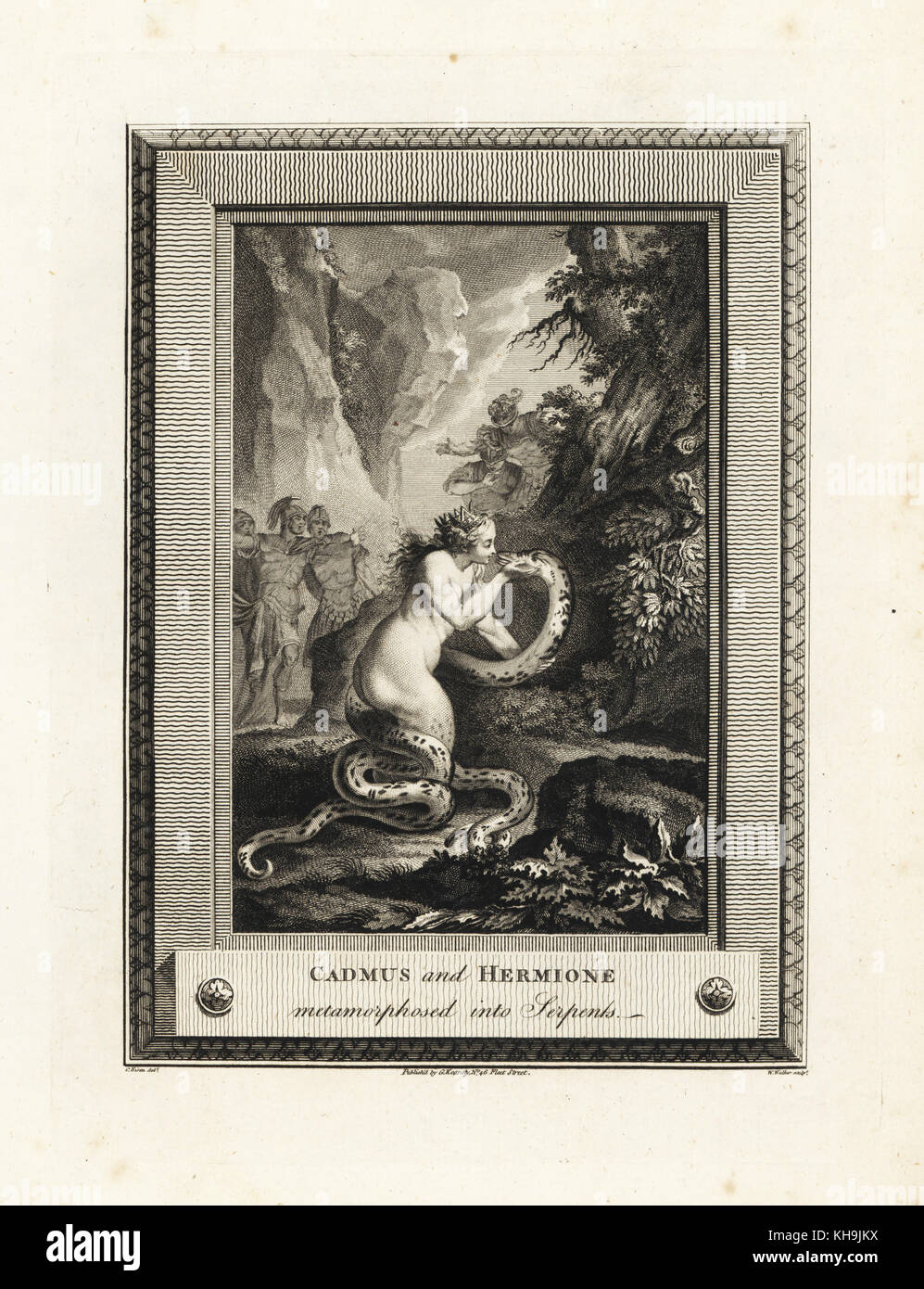 Cadmus and Hermione metamorphosed into serpents from Ovid's Metamorphoses. Copperplate engraving by W. Walker after an illustration by Charles Eisen from The Copper Plate Magazine or Monthly Treasure, G. Kearsley, London, 1778. Stock Photo