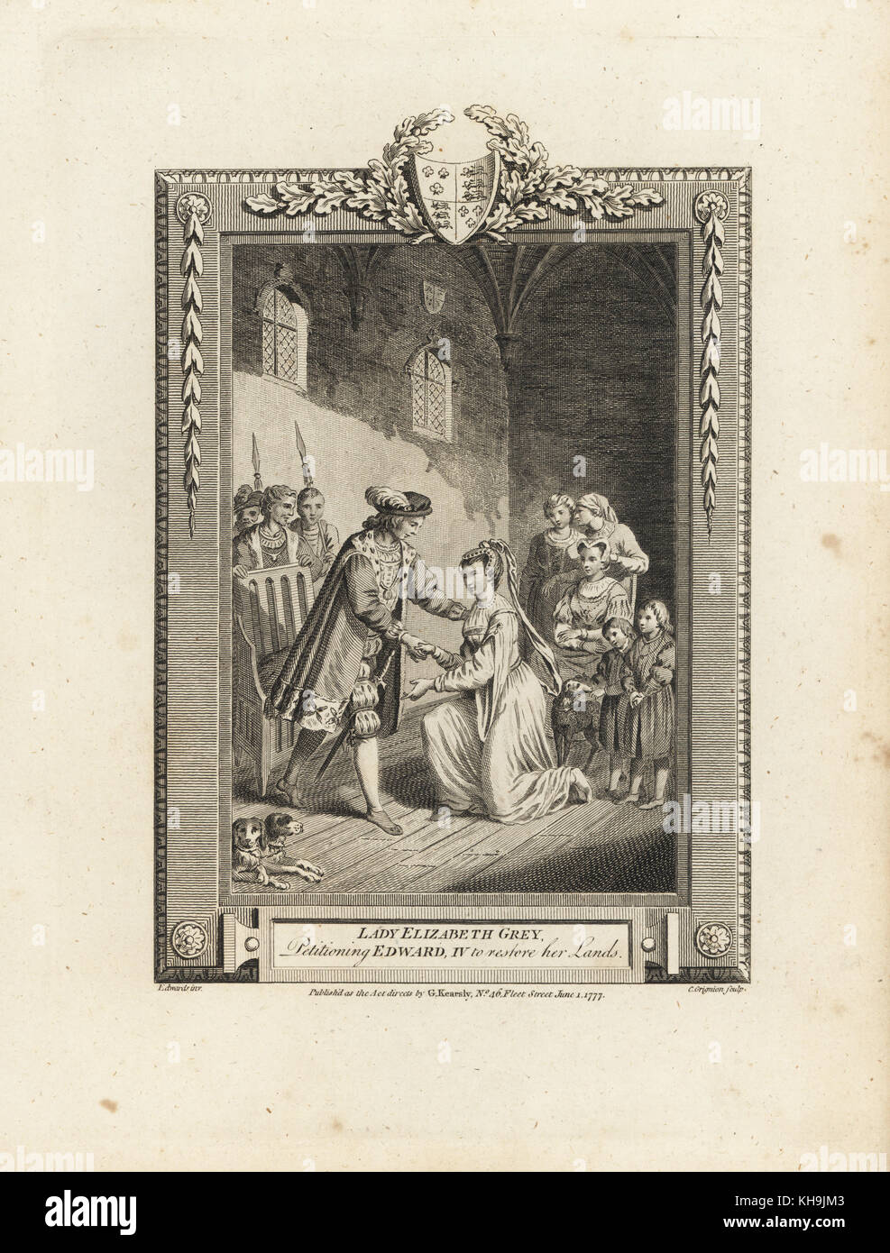 Lady Elizabeth Grey with her two young sons Thomas and Richard petitioning King Edward IV to restore her lands. Copperplate engraving by C. Grignion after an illustration by Edwards from The Copper Plate Magazine or Monthly Treasure, G. Kearsley, London, 1778. Stock Photo