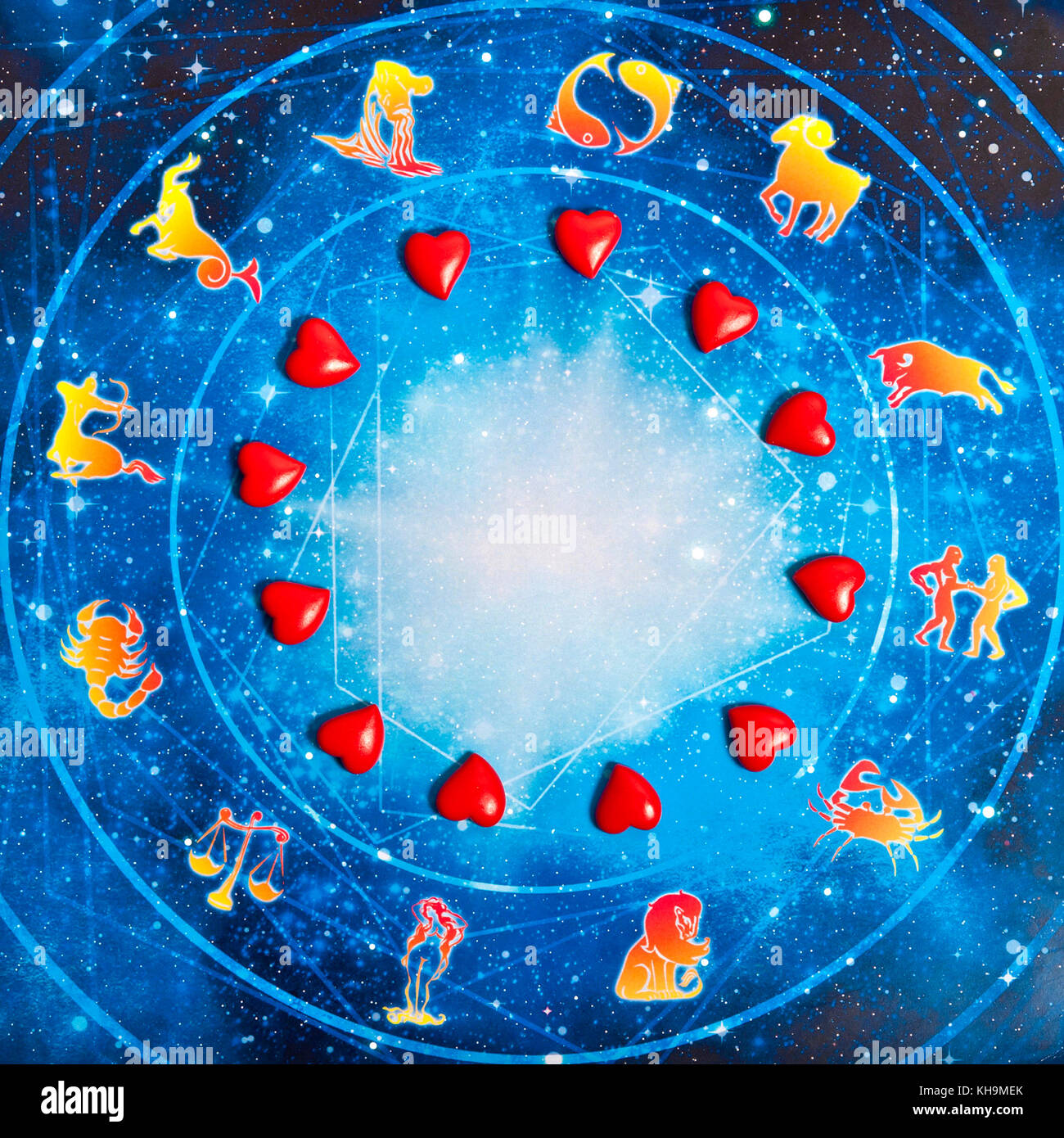 astrology chart with all zodiac signs and hearts, love for astrology concept Stock Photo