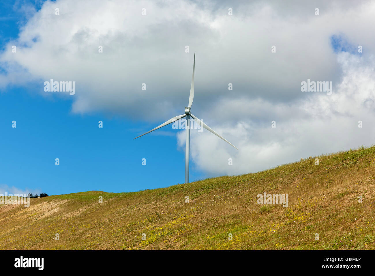 Modern windmills produce electricity along the roads of wind