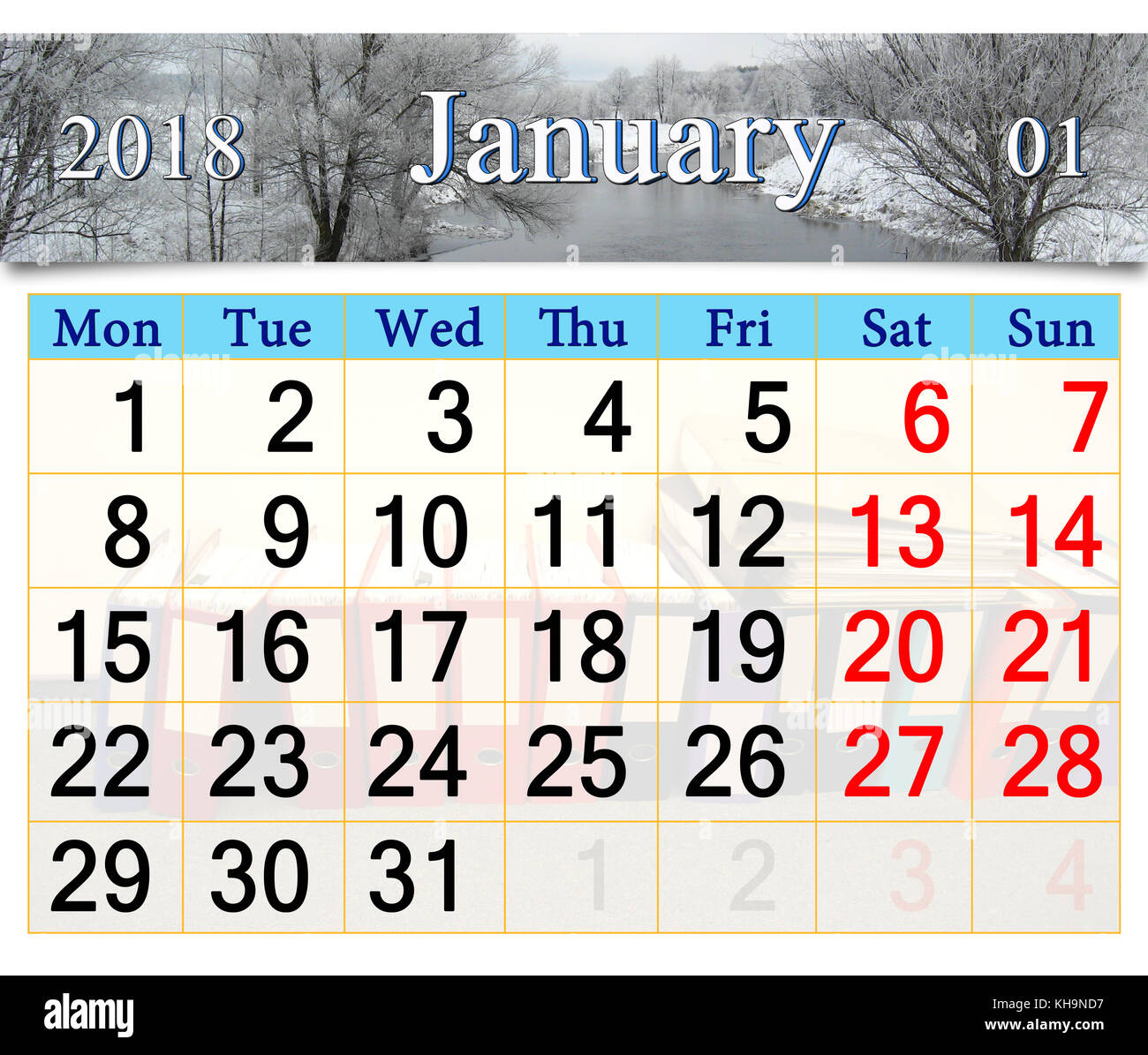 beautiful calendar for January 2018 with winter river Stock Photo 