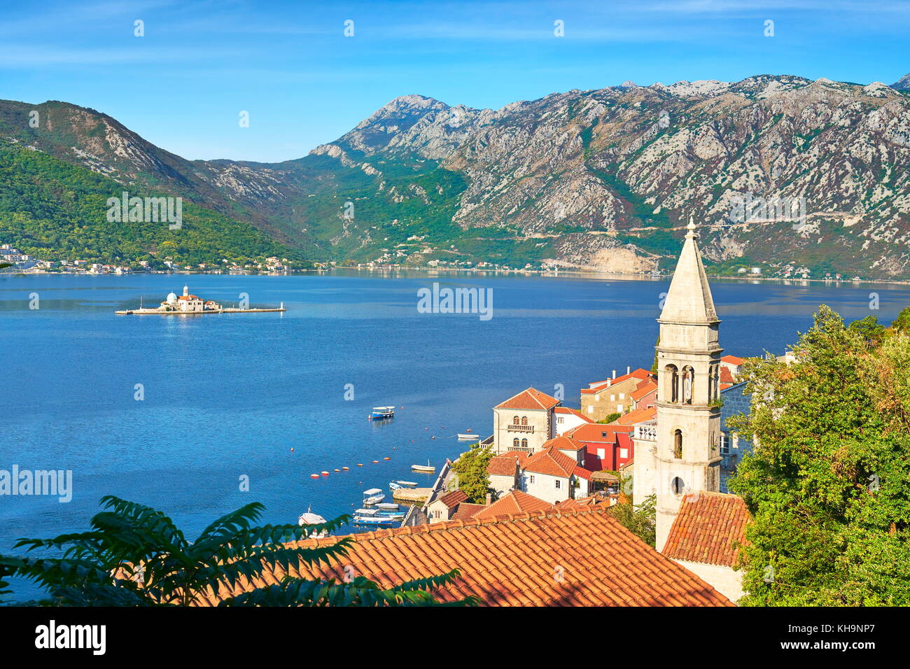 St. Nicholas belltower, Perast balkan village, Kotor Bay, Montenegro Stock Photo