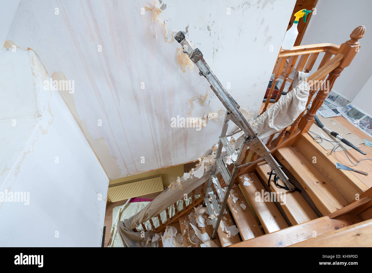 Dangerous Tricky Position Decorating Stripping On Home Stairs On A