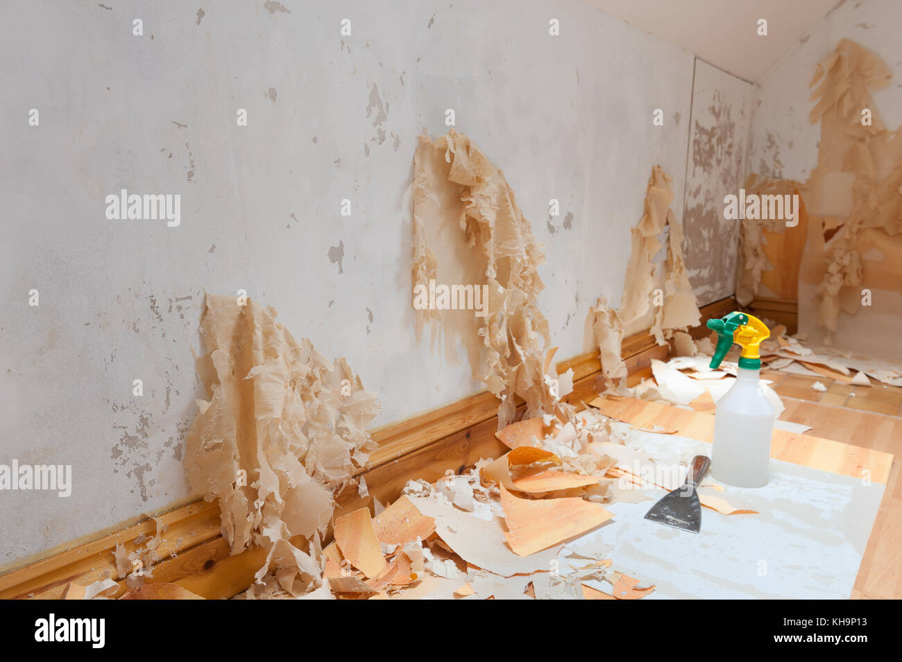 Stubborn difficult to remove wallpaper needing a good soak before