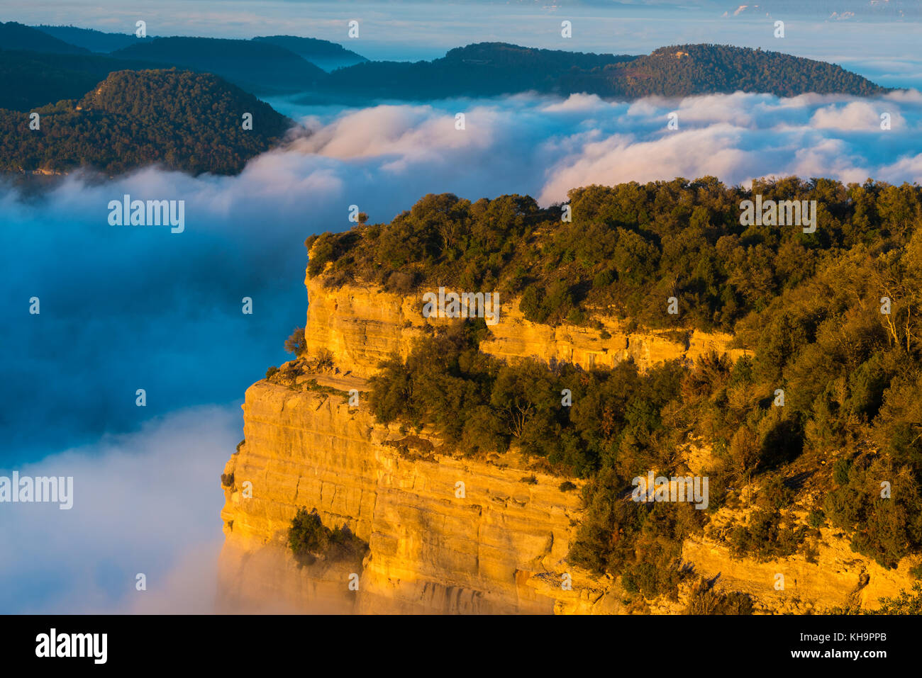 Cliffs in the Tavertet abyss covered with fog at dawn in the Collsacabra area Stock Photo