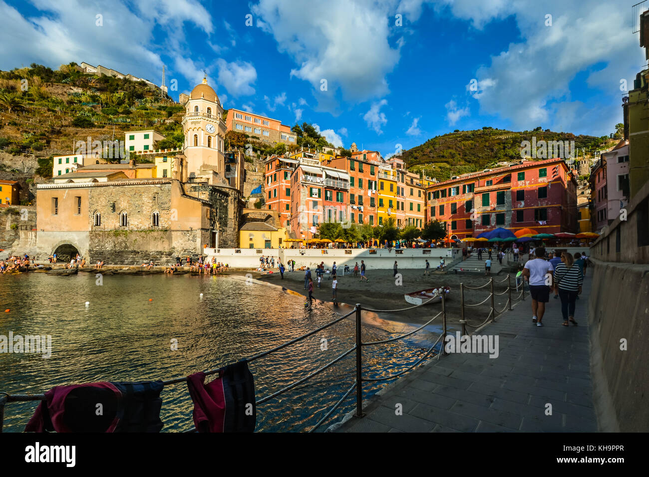 Late afternoon at the marina and sandy beach in the Cinque Terre village of Vernazza, Italy on the Ligurian coast Stock Photo