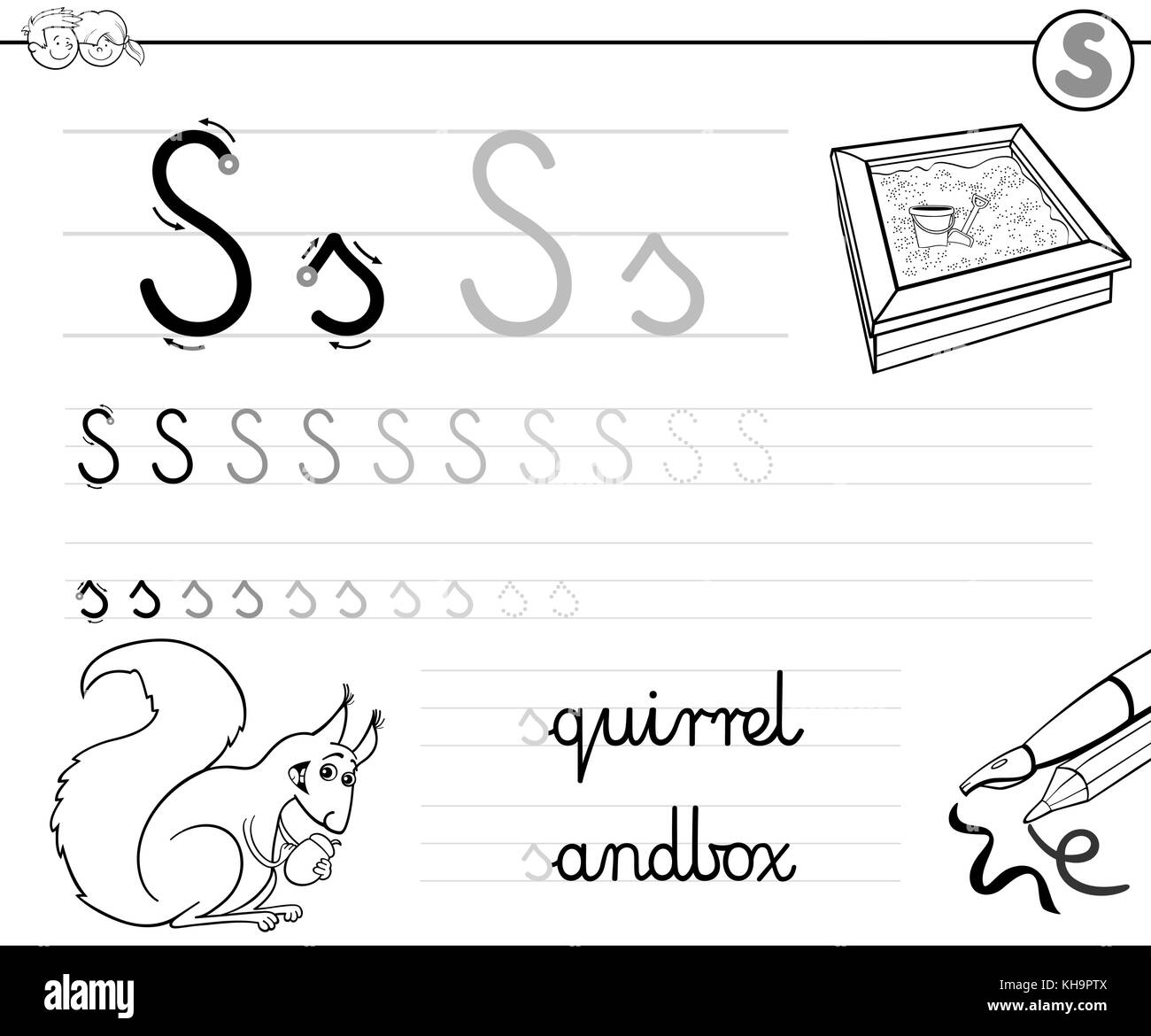Black and White Cartoon Illustration of Writing Skills Practice with Letter  S Worksheet for Preschool and Elementary Age Children Coloring Book Stock  Vector Image & Art - Alamy