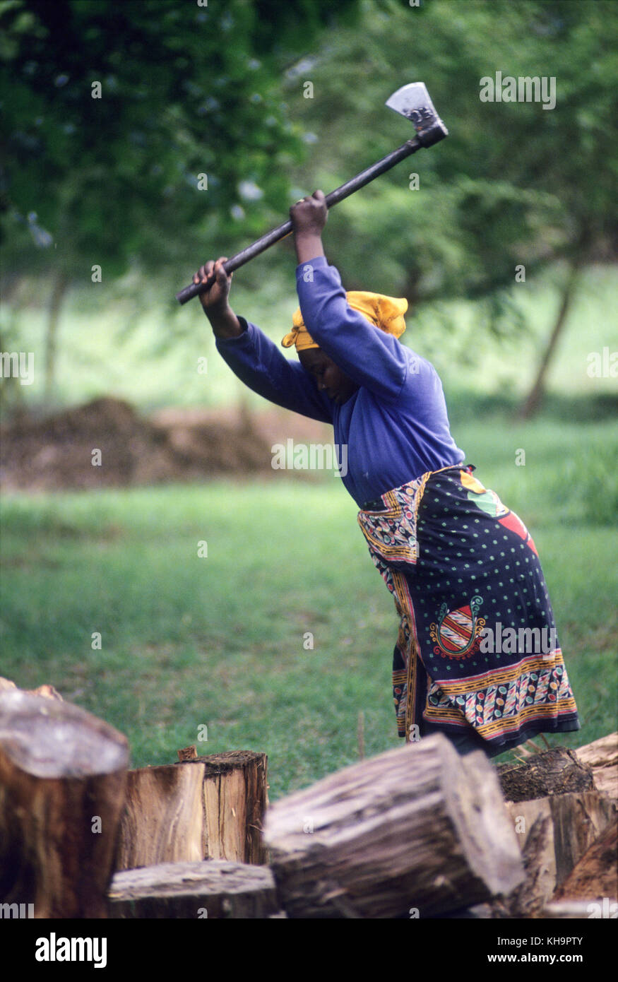 African woman cutting firewood with an axe at Fisherman´s Camp, Lake