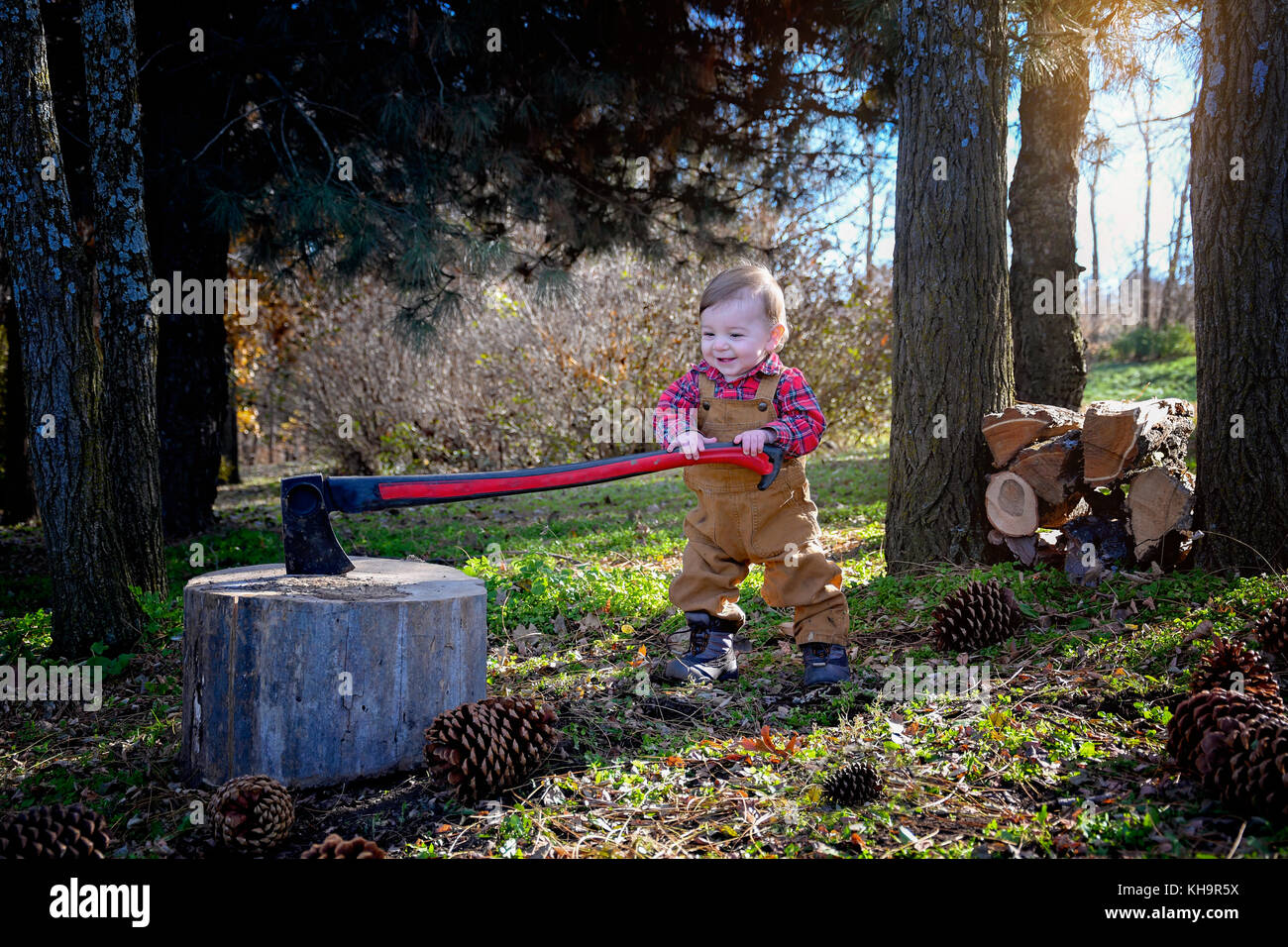 Baby boy pretending to be lumberjack wearing boots and overalls using ax pretending to chop wood pinecones and rural country setting Stock Photo