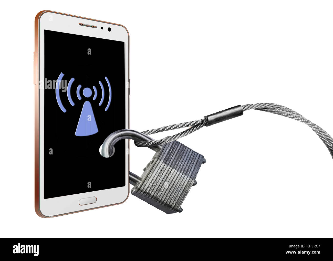 Cell phone security and preventing signal theft is the theme of this illustration. Wi-fi signals, Bluetooth and cellular signals fill the air and are Stock Photo