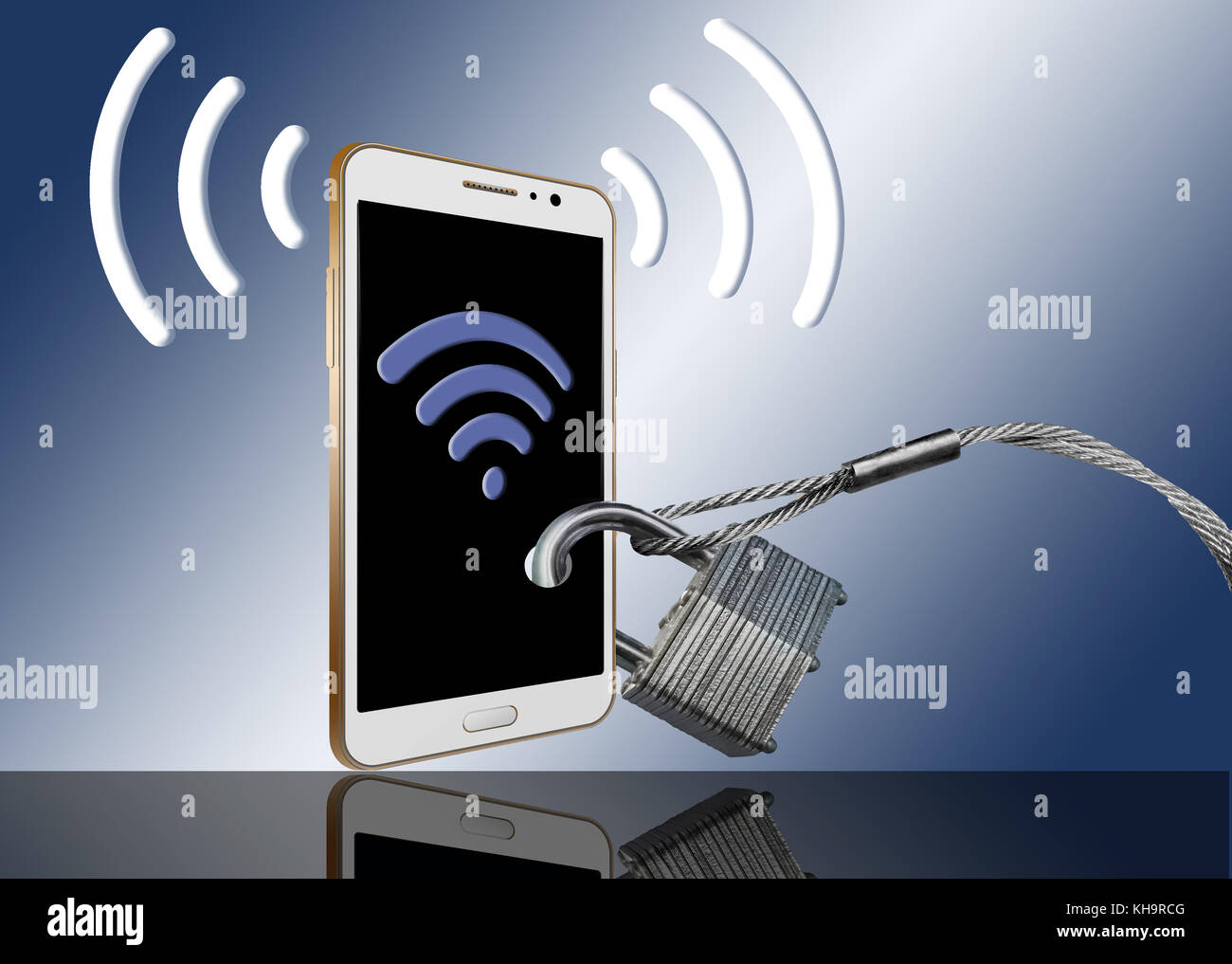 Cell phone security and preventing signal theft is the theme of this illustration. Wi-fi signals, Bluetooth and cellular signals fill the air and are Stock Photo
