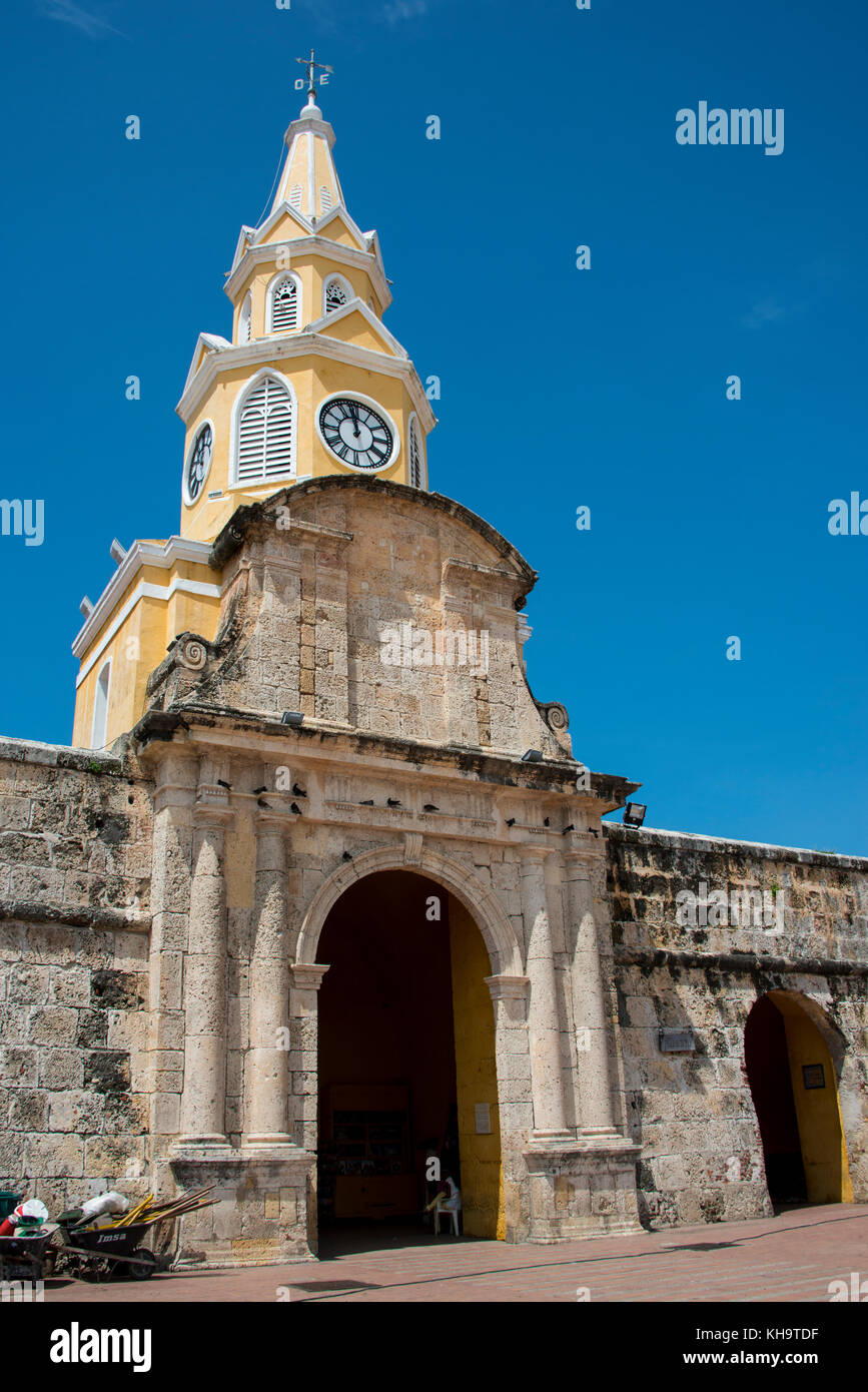 South America, Colombia, Cartagena. 'Old City' the historic walled city center, UNESCO. Clock Tower Gate aka Torre del Reloj. Stock Photo